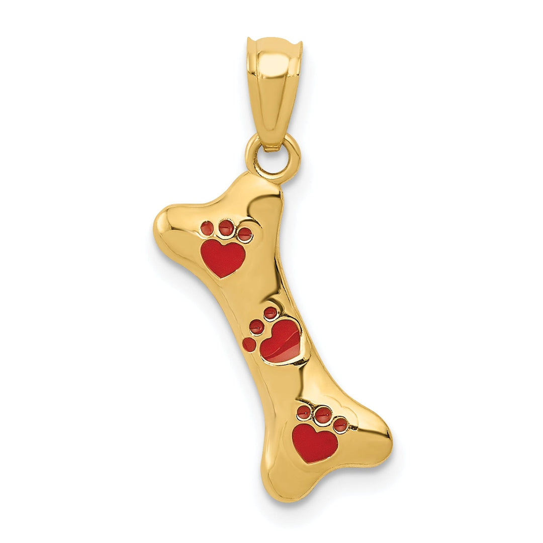 14k Yellow Gold Polished with Red Enamel Finish Solid Dog Bone with Paw Prints Charm Pendant