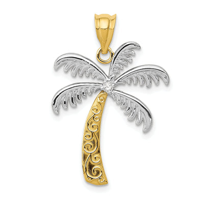 14k Two Tone Gold Solid Polish Engraved Finish Design 0.20-ctw Diamond Palm Tree Charm Pendant