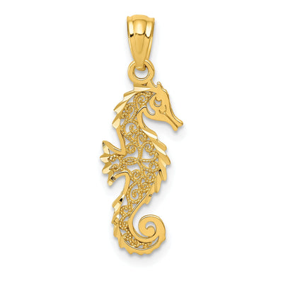 14k Yellow Gold Solid Polished Diamond Cut Finish Filigree Design Men's Seahorse Charm Pendant