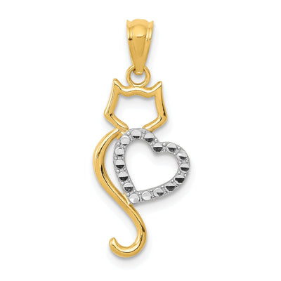 14k Yellow Gold White Rhodium Solid Polished Textured Finish Cat Sitting With Heart Design Charm Pendant at $ 50.17 only from Jewelryshopping.com