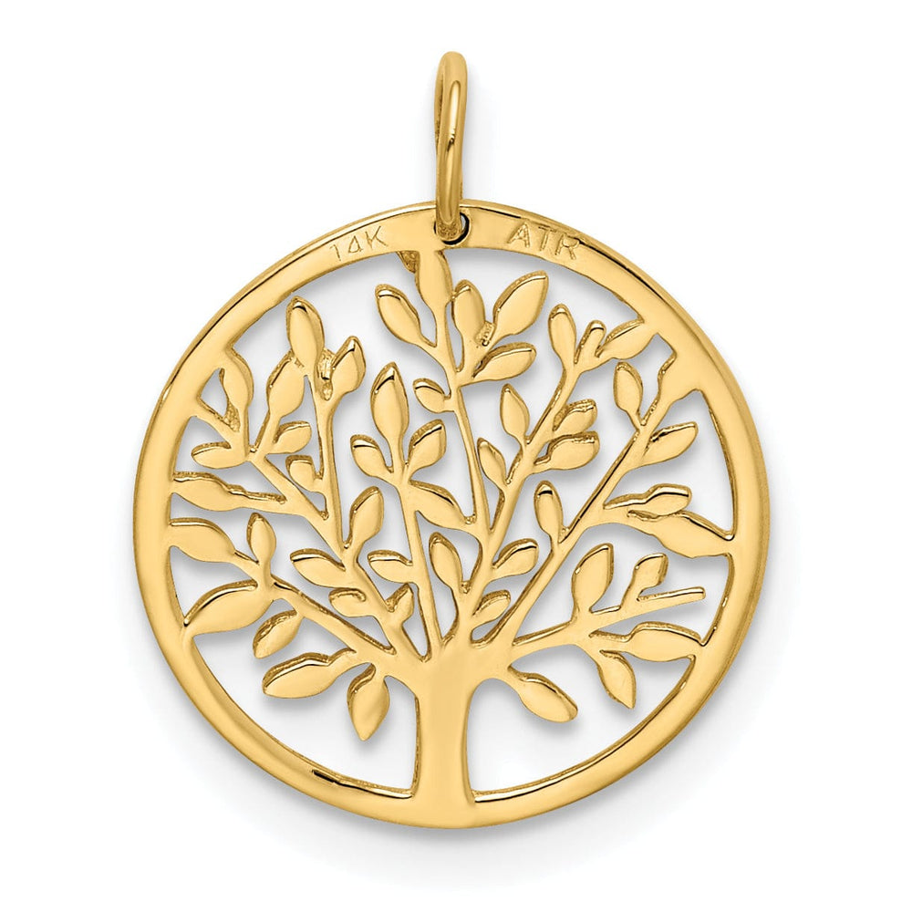 14k Yellow Gold Open Back Solid Diamond Cut Polished Finish Tree of Life in Round Shape Frame Charm Pendant