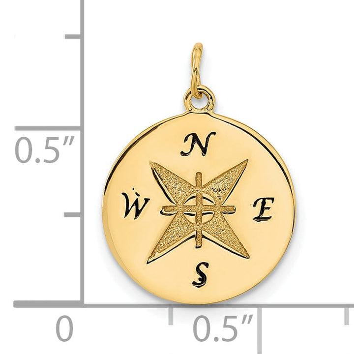14k Yellow Gold Solid Antiqued Compass Pendant