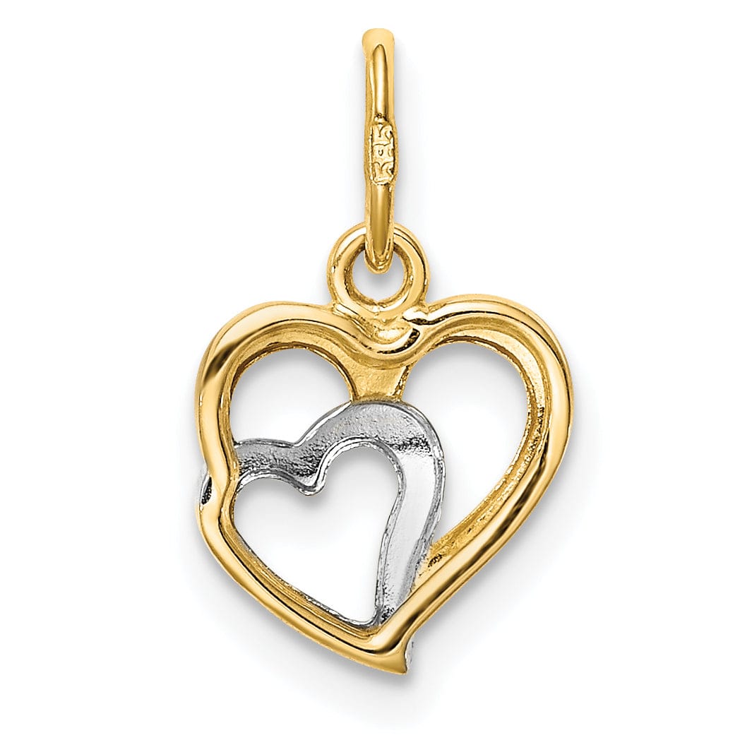 14K Yellow Gold, White Rhodium Polished Fiinish Closed Back Two Hearts inter-Connected Design Charm Pendant