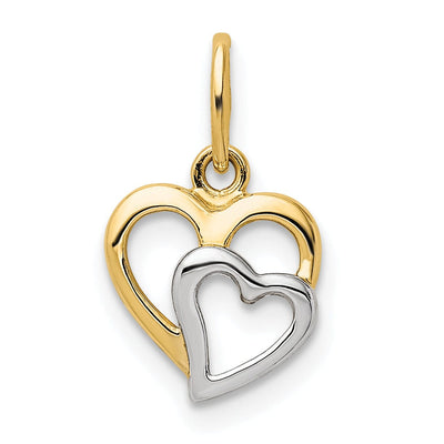 14K Yellow Gold, White Rhodium Polished Fiinish Closed Back Two Hearts inter-Connected Design Charm Pendant