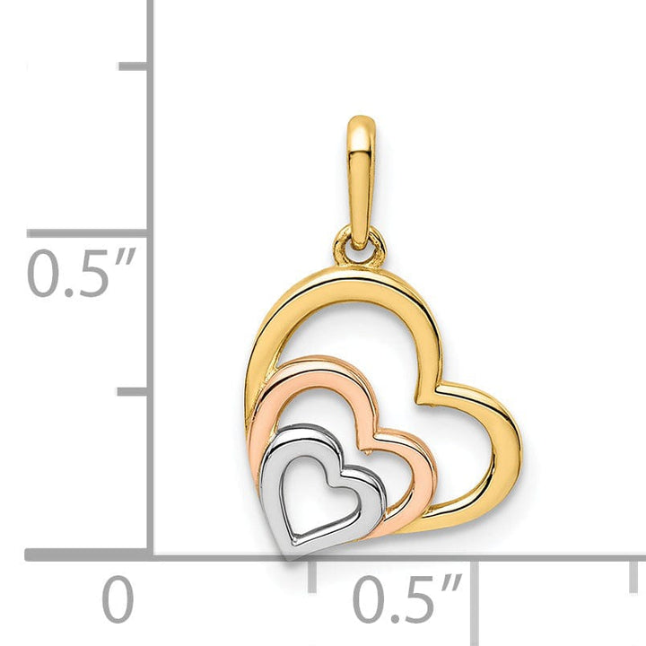 14K Yellow, Rose Gold, White Rhodium Polished Finish Solid Open Back Triple-Hearts Design Charm Pendant