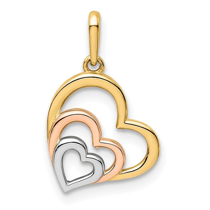 14K Yellow, Rose Gold, White Rhodium Polished Finish Solid Open Back Triple-Hearts Design Charm Pendant