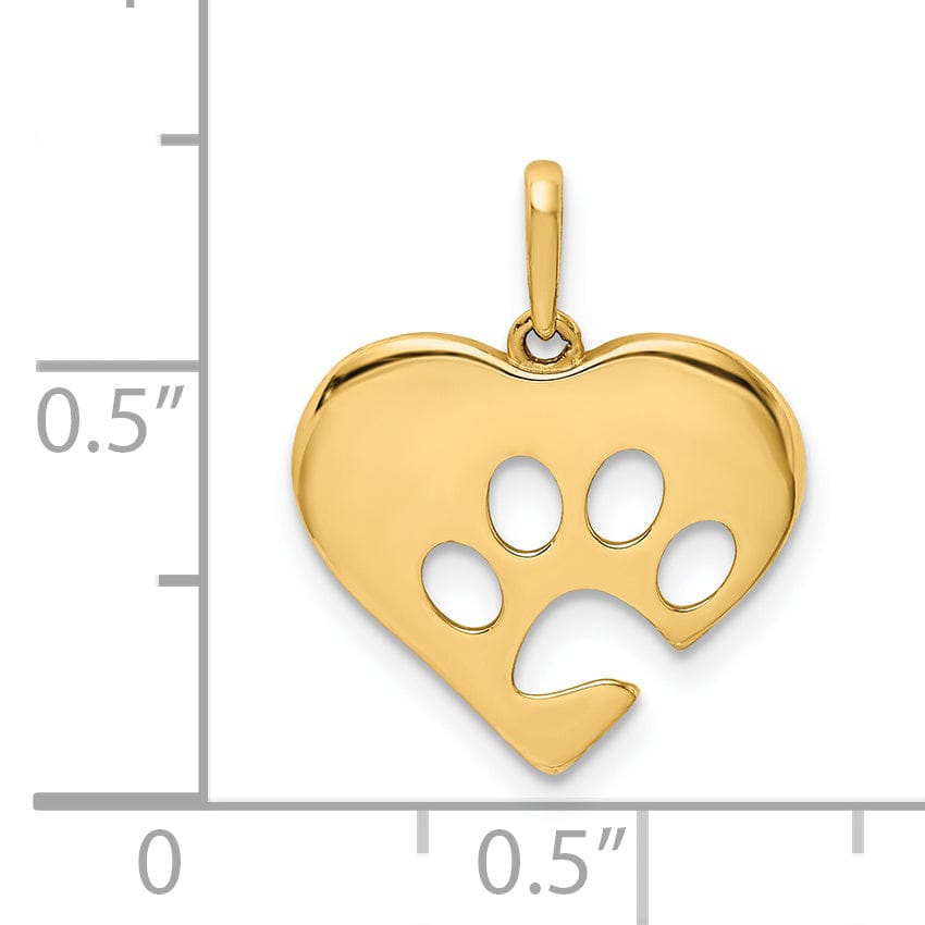 14K Yellow Gold Texture Polished Finish Solid Heart Shape with Paw Print Charm Pendant