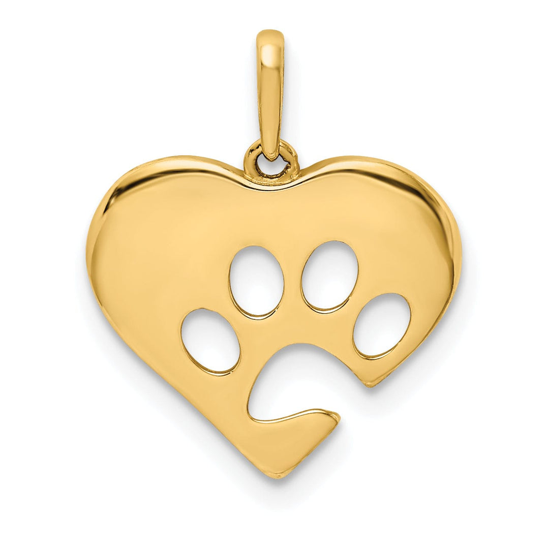 14K Yellow Gold Texture Polished Finish Solid Heart Shape with Paw Print Charm Pendant