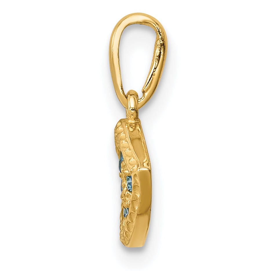 14K Yellow Gold Solid Open Back Polished Textured Finish With Blue Cubic Zirconia Stones Eye Shape Charm Pendant