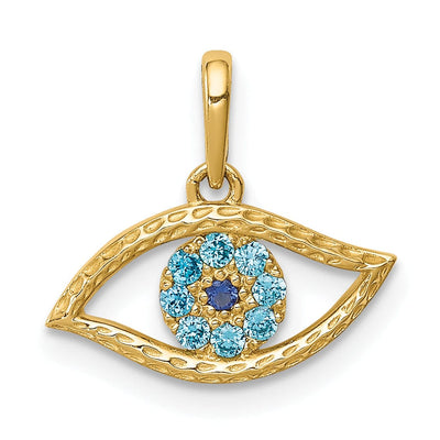 14K Yellow Gold Solid Open Back Polished Textured Finish With Blue Cubic Zirconia Stones Eye Shape Charm Pendant at $ 78.73 only from Jewelryshopping.com