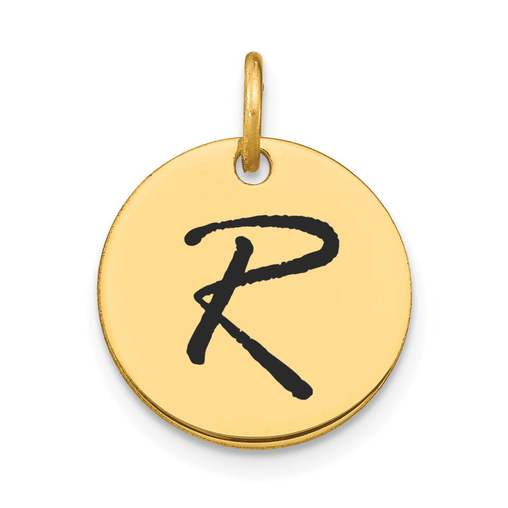 14k Yellow Gold Polished Black Epoxy Finish Letter R Initial Disk Shape Charm Pendant