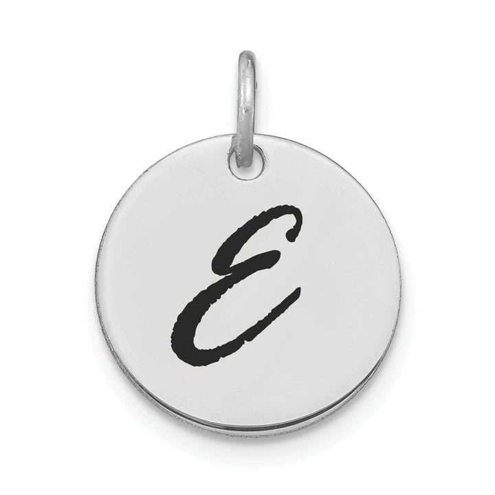 14k White Gold Polished Rhodium Black Epoxy Finish Letter E Initial Disk Shape Charm Pendant