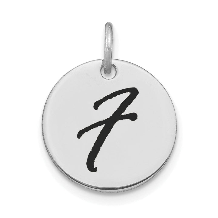 14k White Gold Polished Rhodium Black Epoxy Finish Letter F Initial Disk Shape Charm Pendant