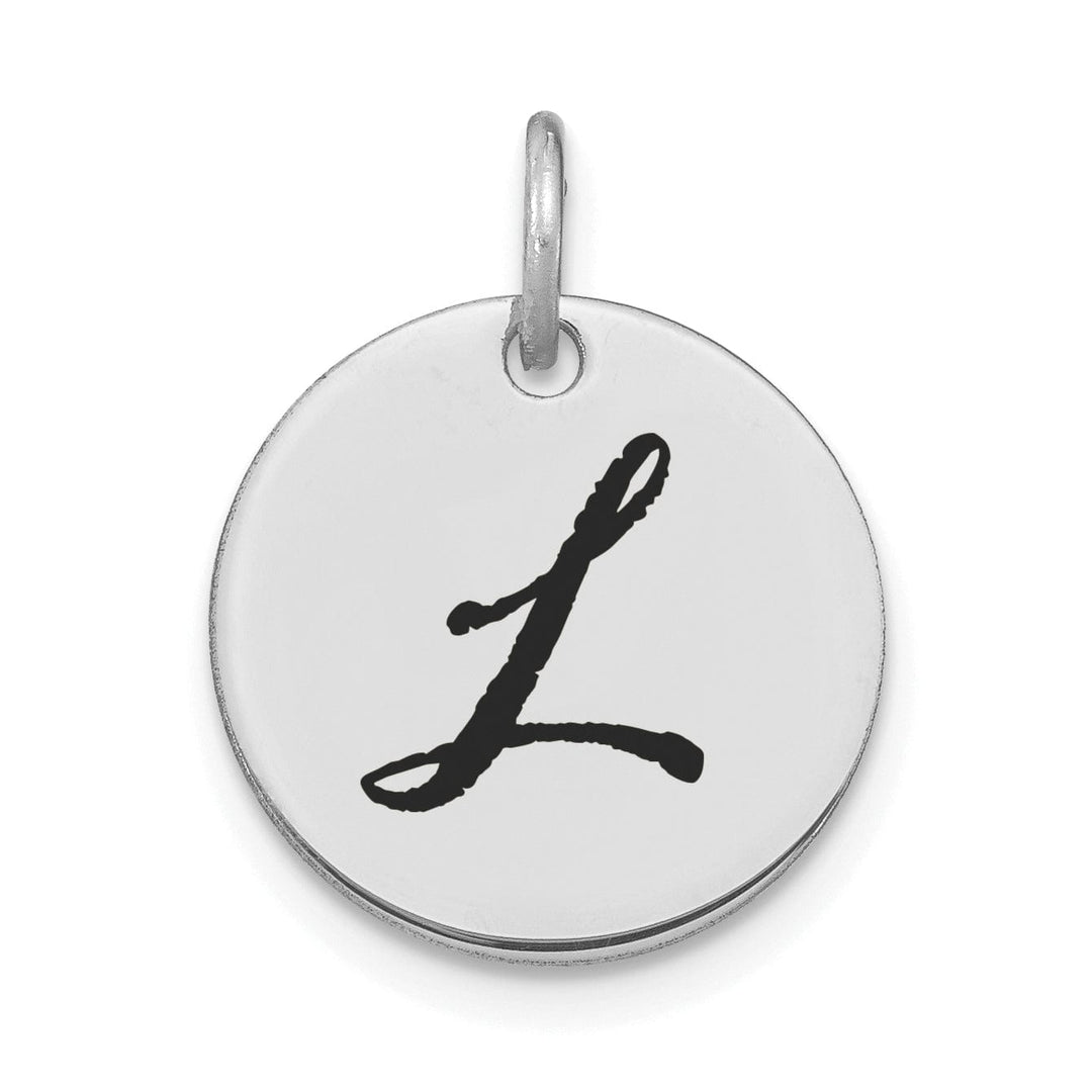 14k White Gold Polished Rhodium Black Epoxy Finish Letter L Initial Disk Shape Charm Pendant