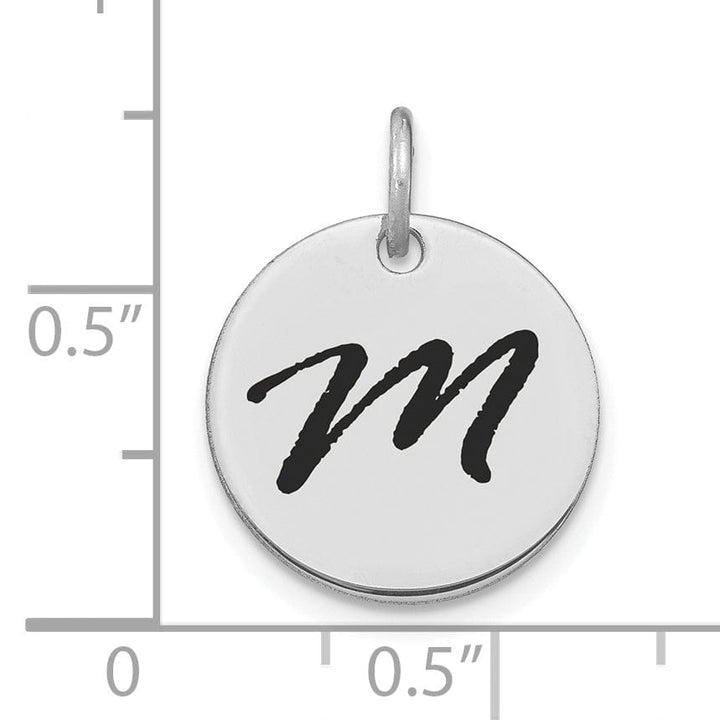 14k White Gold Polished Rhodium Black Epoxy Finish Letter M Initial Disk Shape Charm Pendant