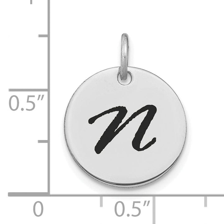 14k White Gold Polished Rhodium Black Epoxy Finish Letter N Initial Disk Shape Charm Pendant