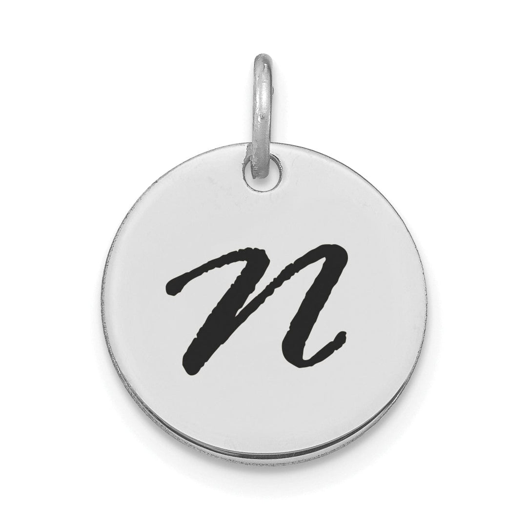 14k White Gold Polished Rhodium Black Epoxy Finish Letter N Initial Disk Shape Charm Pendant