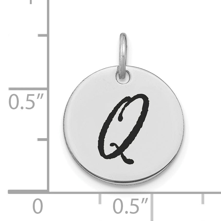 14k White Gold Polished Rhodium Black Epoxy Finish Letter Q Initial Disk Shape Charm Pendant