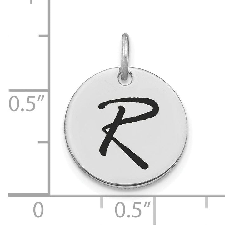 14k White Gold Polished Rhodium Black Epoxy Finish Letter R Initial Disk Shape Charm Pendant