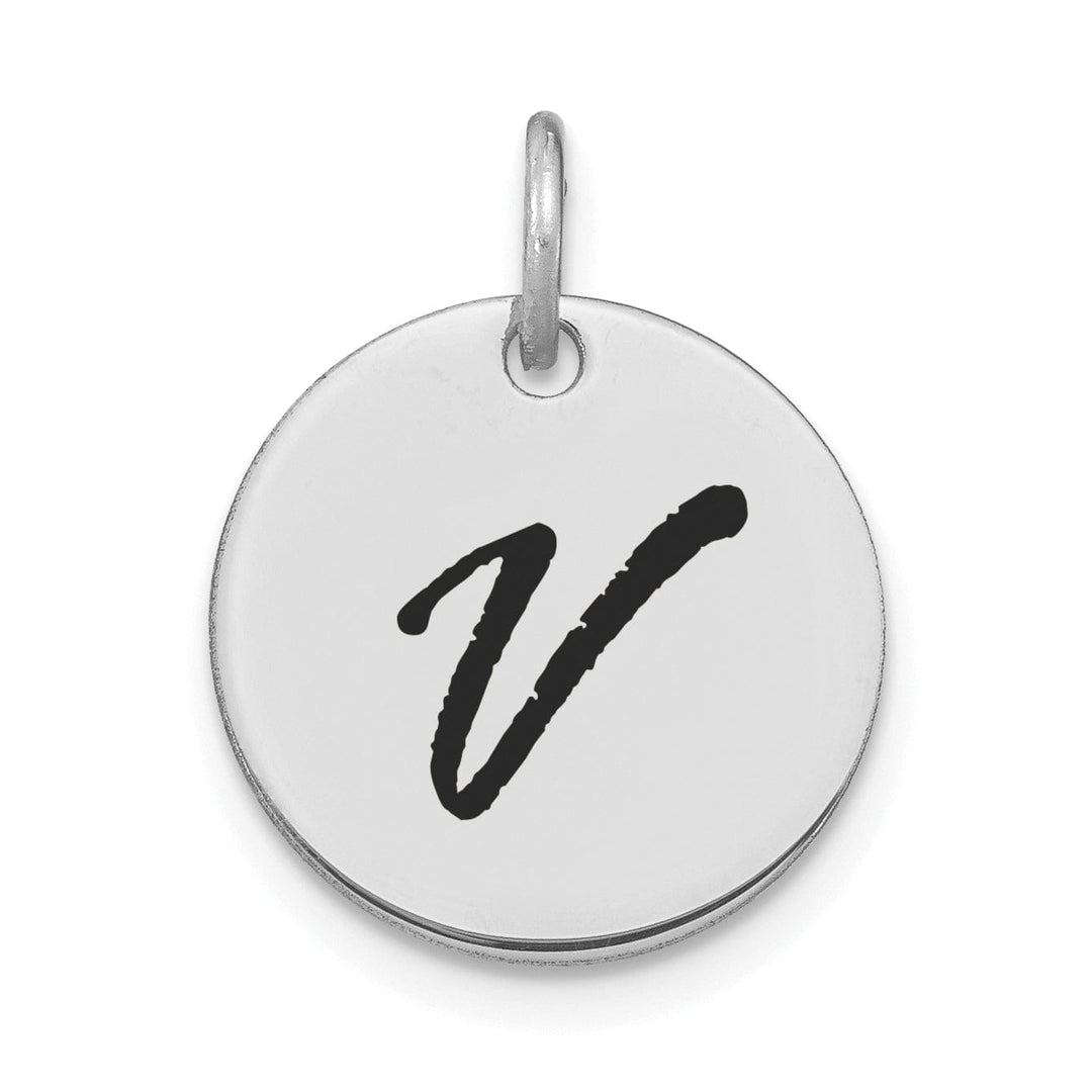 14k White Gold Polished Rhodium Black Epoxy Finish Letter V Initial Disk Shape Charm Pendant