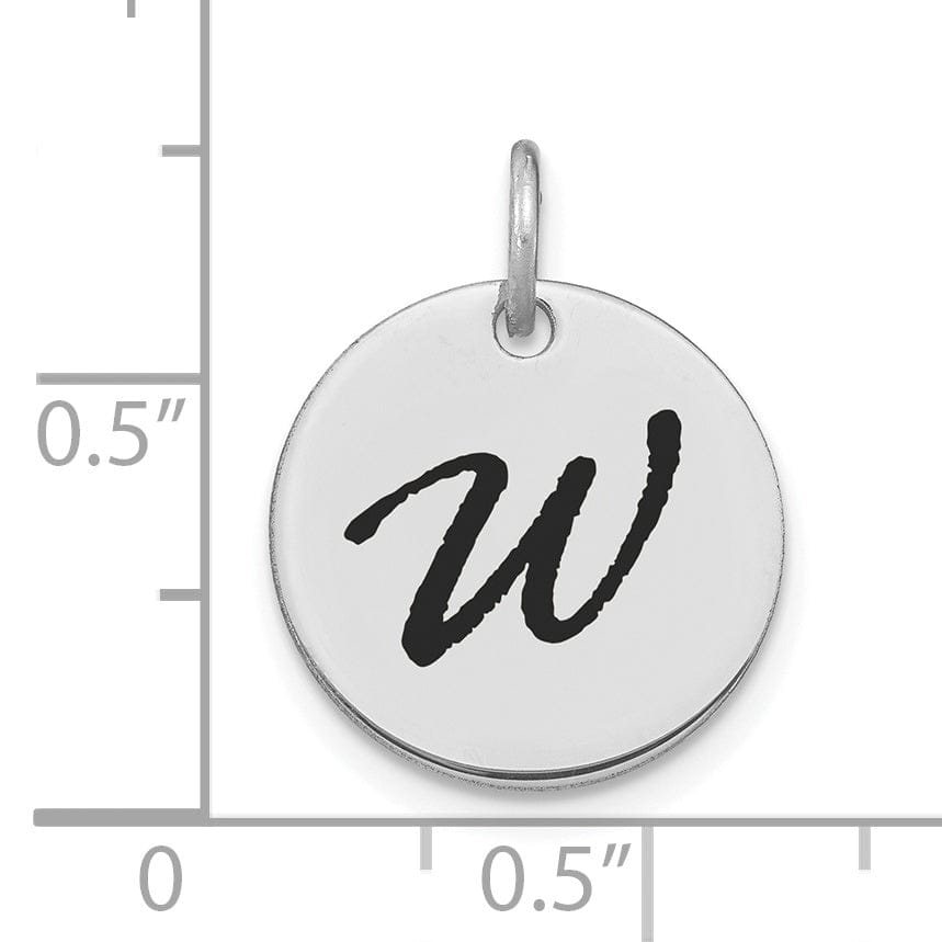 14k White Gold Polished Rhodium Black Epoxy Finish Letter W Initial Disk Shape Charm Pendant