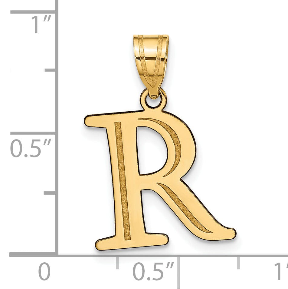 14k Yellow Gold Etched Finish Block Letter R Initial Design Pendant