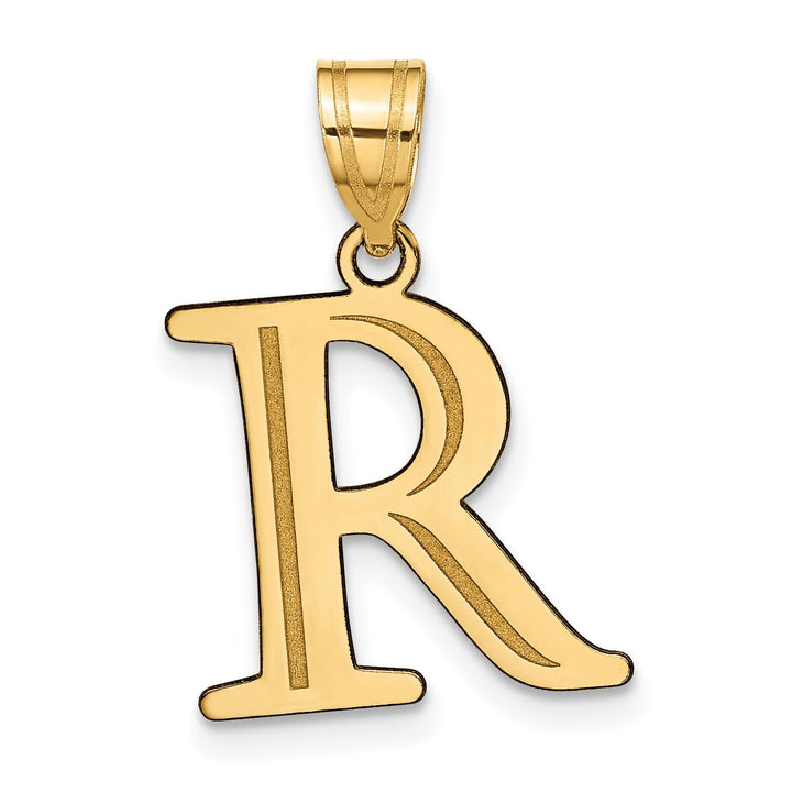 14k Yellow Gold Etched Finish Block Letter R Initial Design Pendant