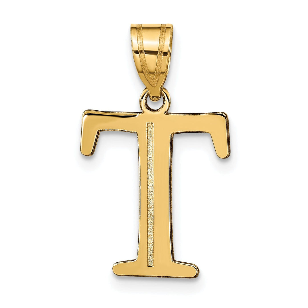 14k Yellow Gold Etched Finish Block Letter T Initial Design Pendant