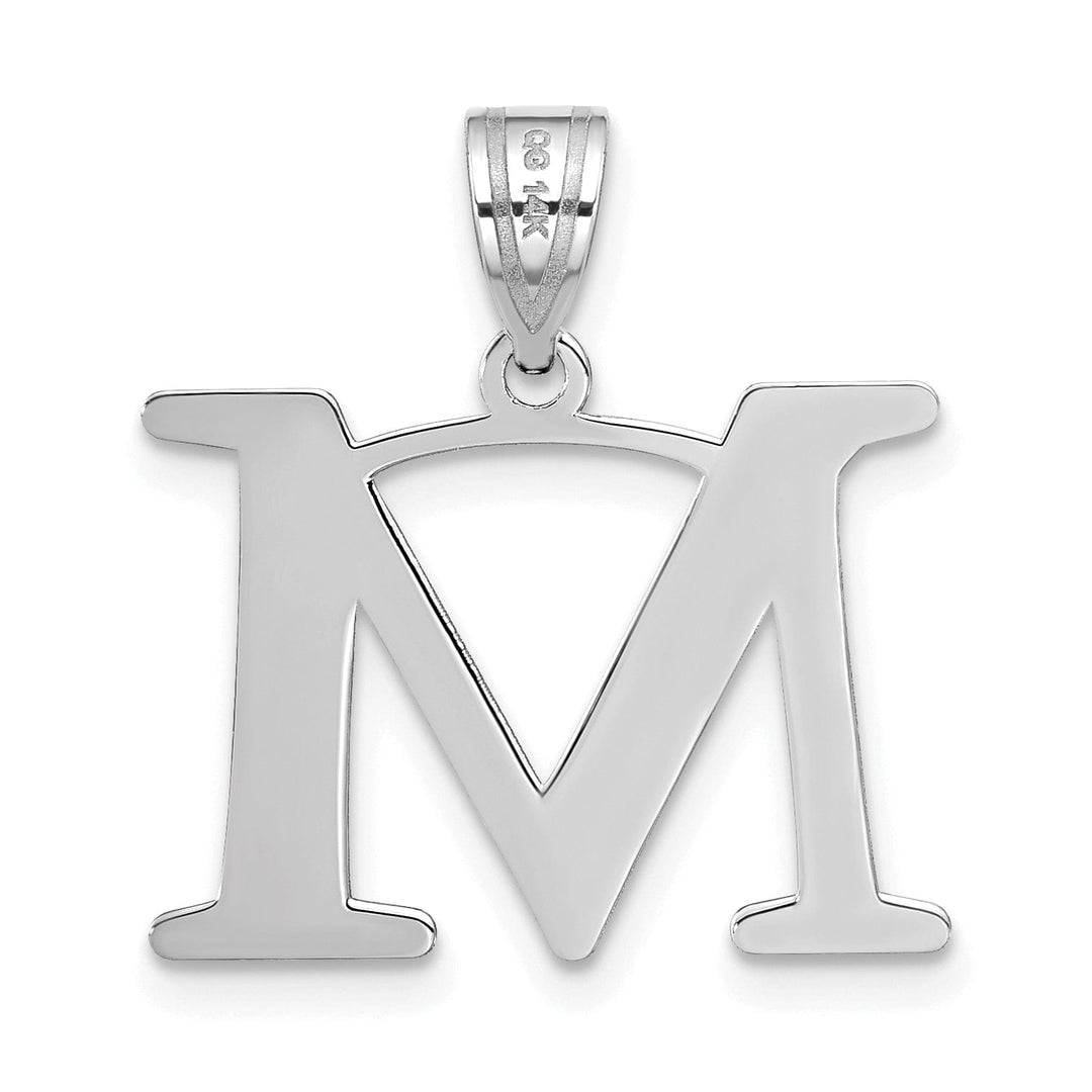 14k White Gold Etched Finish Block Letter M Initial Design Pendant