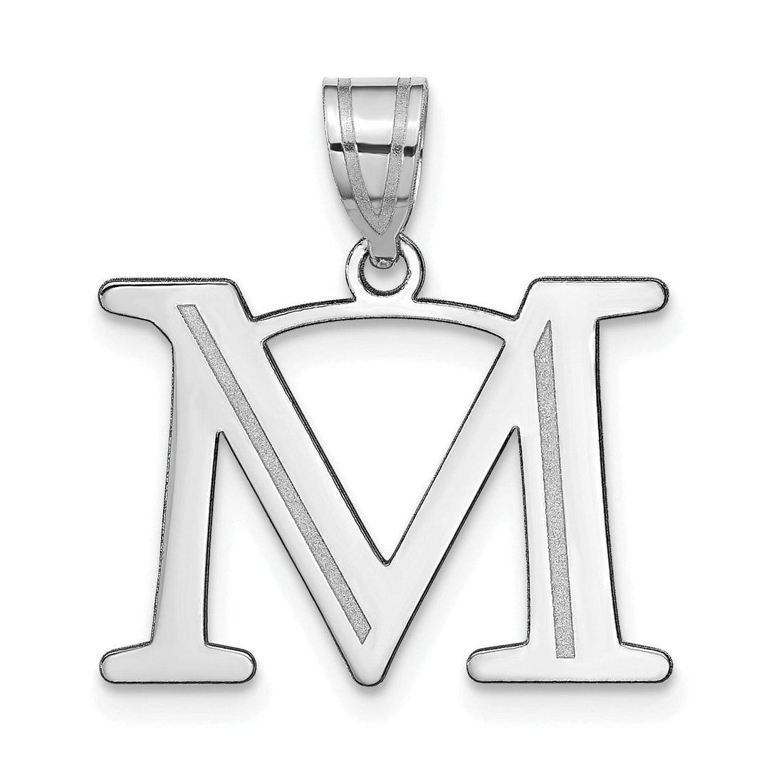 14k White Gold Etched Finish Block Letter M Initial Design Pendant