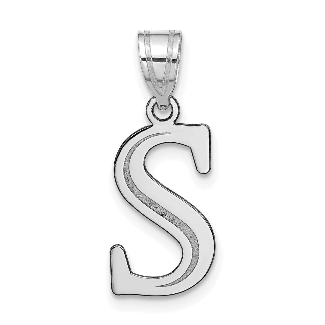 14k White Gold Etched Finish Block Letter S Initial Design Pendant