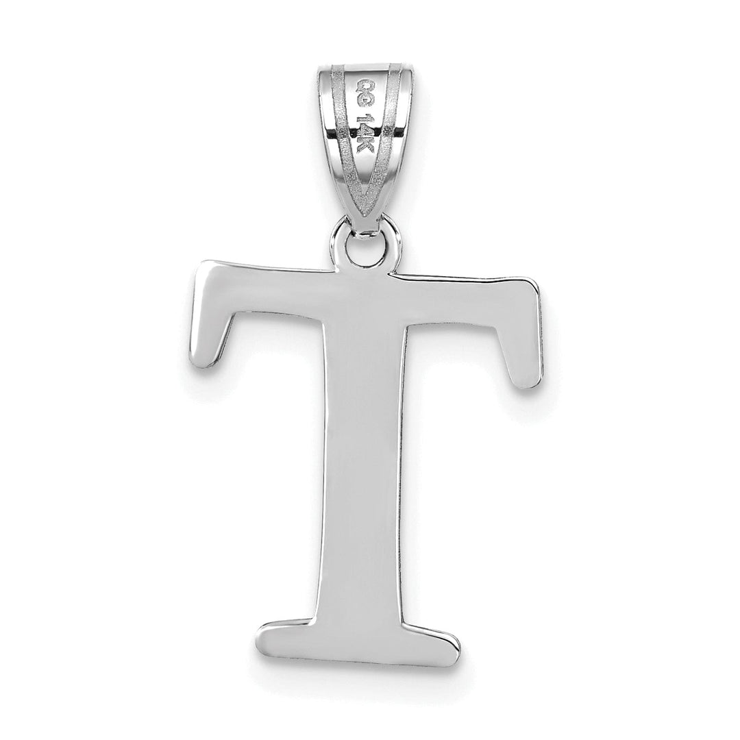 14k White Gold Etched Finish Block Letter T Initial Design Pendant