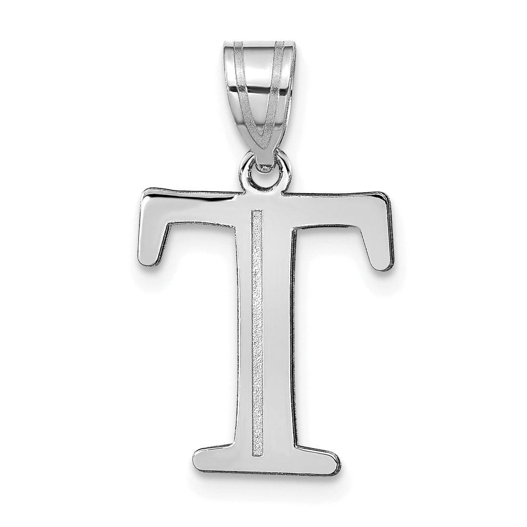 14k White Gold Etched Finish Block Letter T Initial Design Pendant