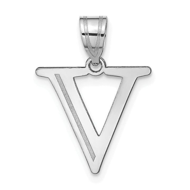 14k White Gold Etched Finish Block Letter V Initial Design Pendant