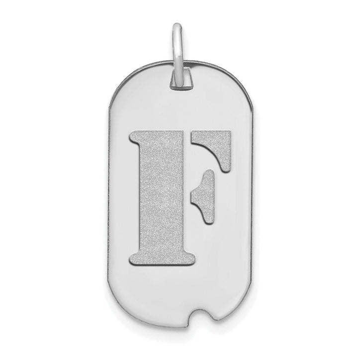 14k White Gold Rhodium Polished Finish Block Letter F Initial Dog Tag Charm Pendant