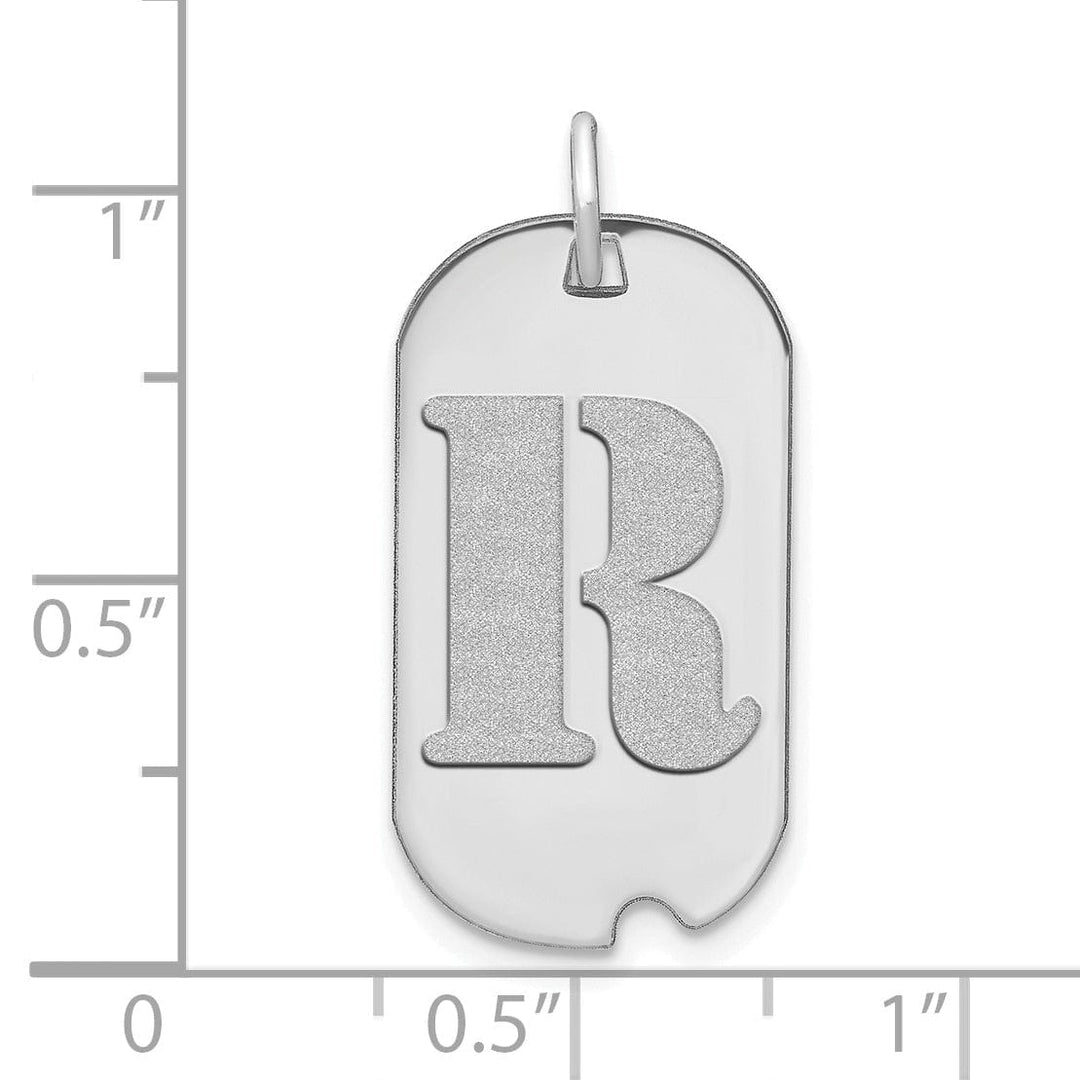 14k White Gold Rhodium Polished Finish Block Letter R Initial Dog Tag Charm Pendant