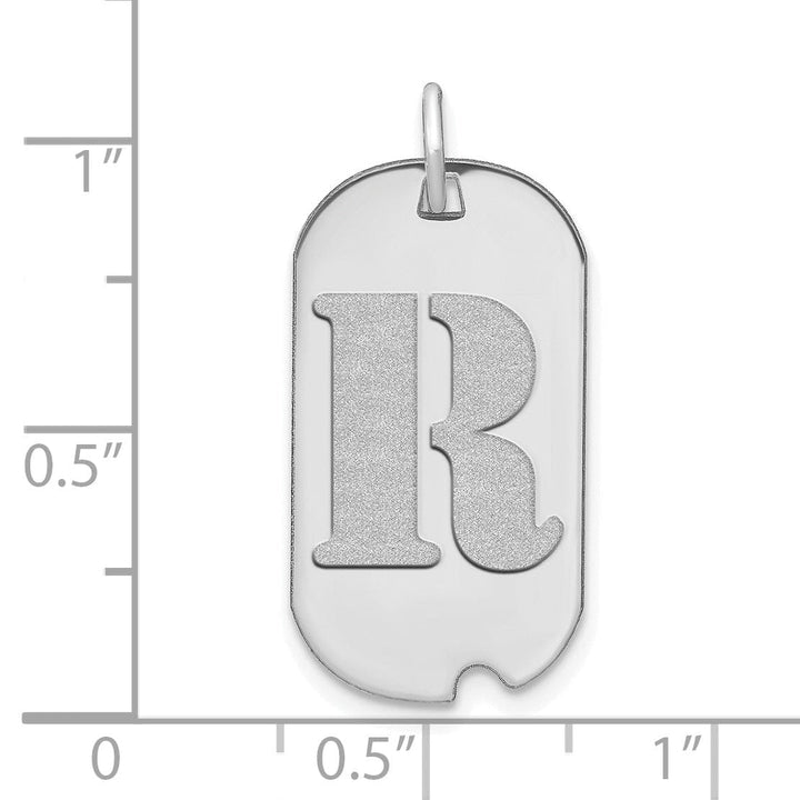 14k White Gold Rhodium Polished Finish Block Letter R Initial Dog Tag Charm Pendant