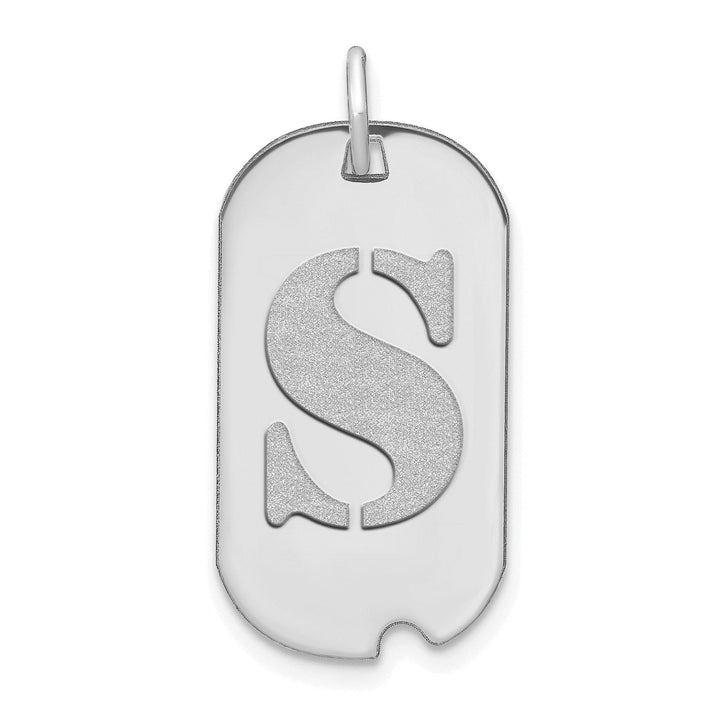 14k White Gold Rhodium Polished Finish Block Letter S Initial Dog Tag Charm Pendant