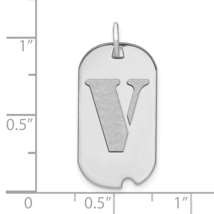 14k White Gold Rhodium Polished Finish Block Letter V Initial Dog Tag Charm Pendant