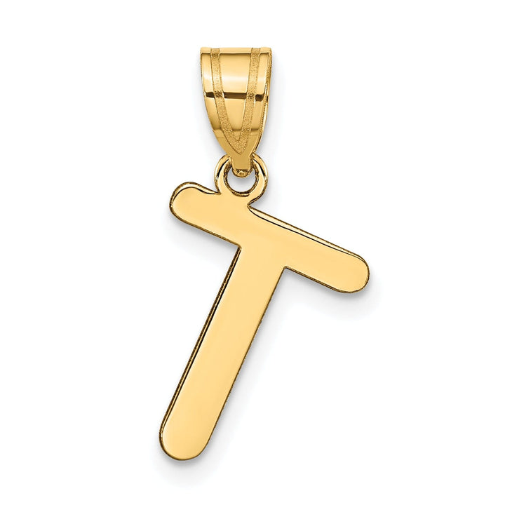 14k Yellow Gold Slanted Design Bubble Letter T Initial Pendant