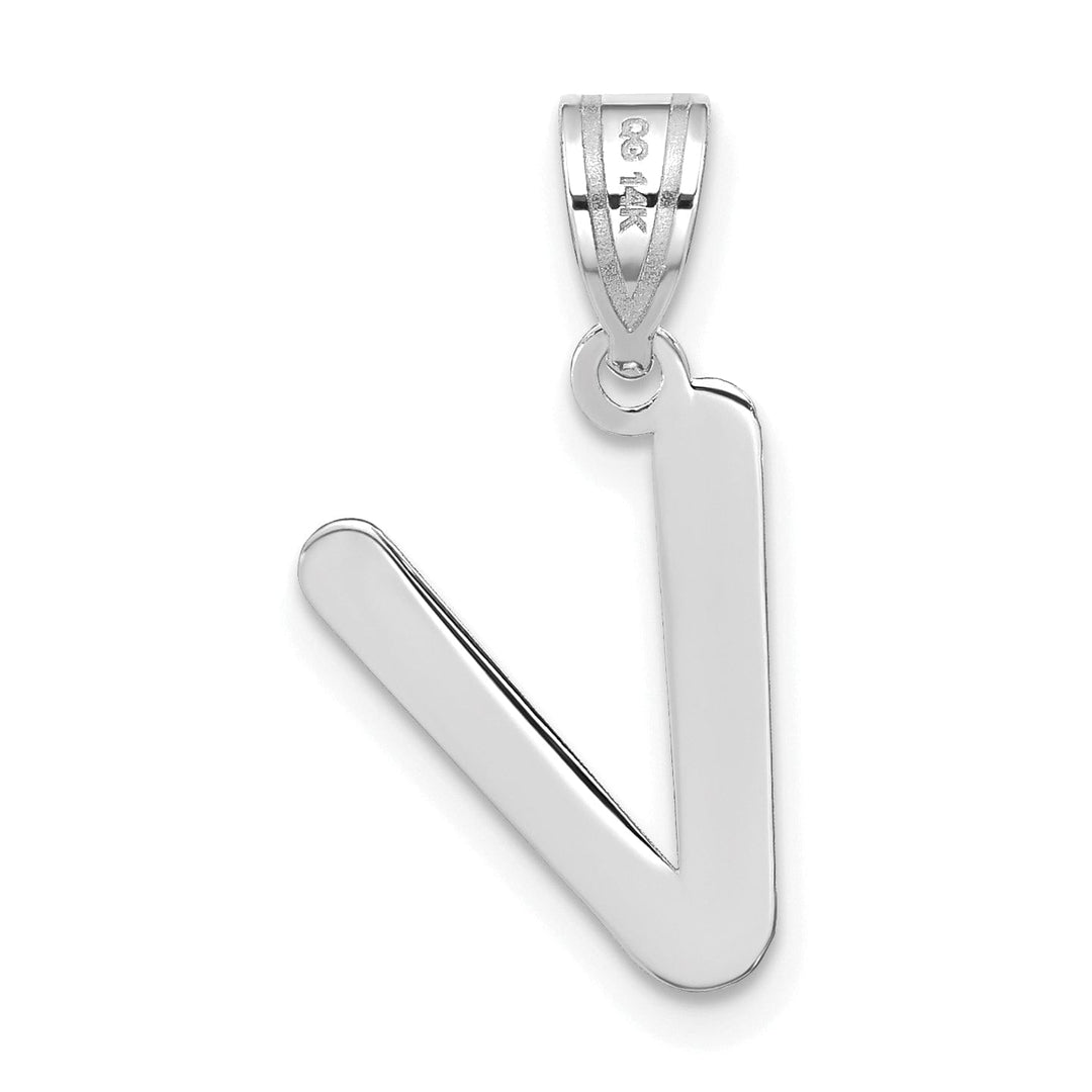 14k White Gold Slanted Design Bubble Letter V Initial Charm Pendant