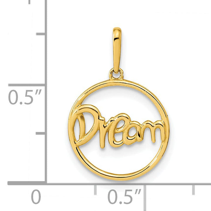 14K Yellow Gold Open Back Solid Polished Finish Circle with DREAM Script Design Charm Pendant