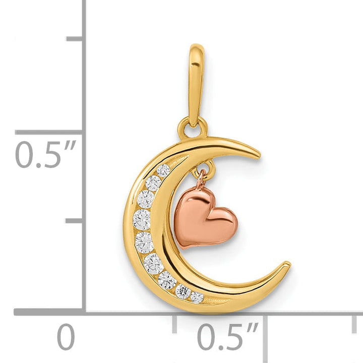 14K Two Tone Gold Open Back Polished Finish with Cubic Zirconia Stones Moon Dangle Heart Design Charm Pendant