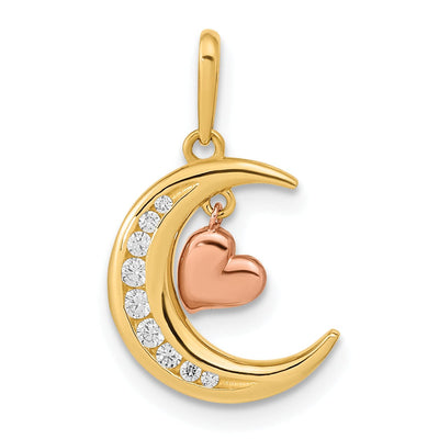 14K Two Tone Gold Open Back Polished Finish with Cubic Zirconia Stones Moon Dangle Heart Design Charm Pendant at $ 105.84 only from Jewelryshopping.com