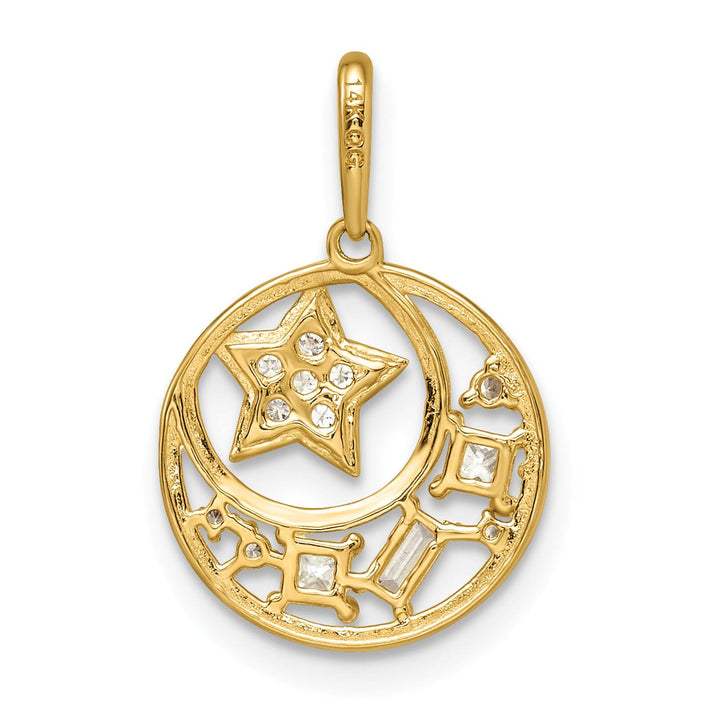 14k Yellow Gold Open Back Polished Finish Cubic Zirconia Stone Star & Moon Design Charm Pendant