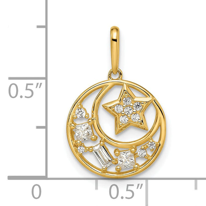 14k Yellow Gold Open Back Polished Finish Cubic Zirconia Stone Star & Moon Design Charm Pendant