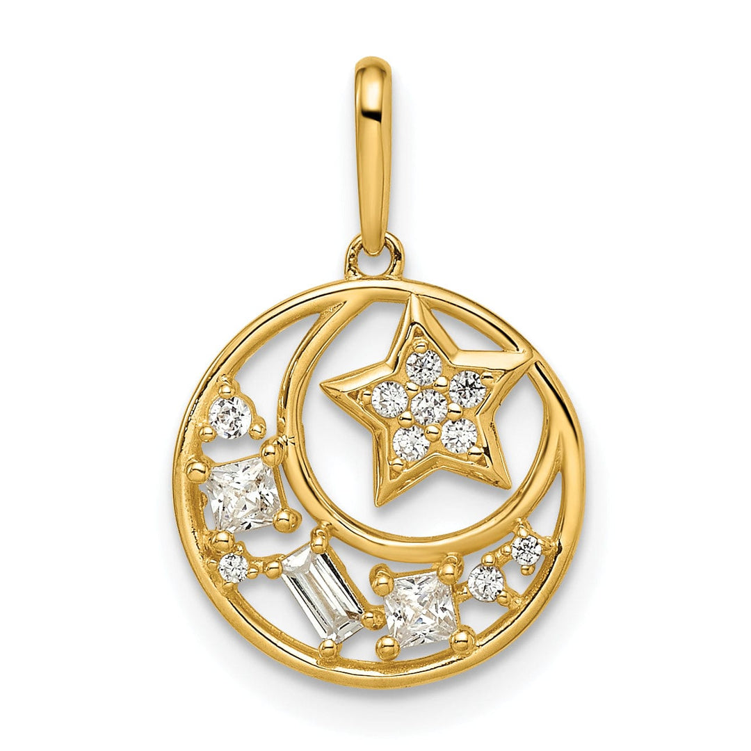 14k Yellow Gold Open Back Polished Finish Cubic Zirconia Stone Star & Moon Design Charm Pendant