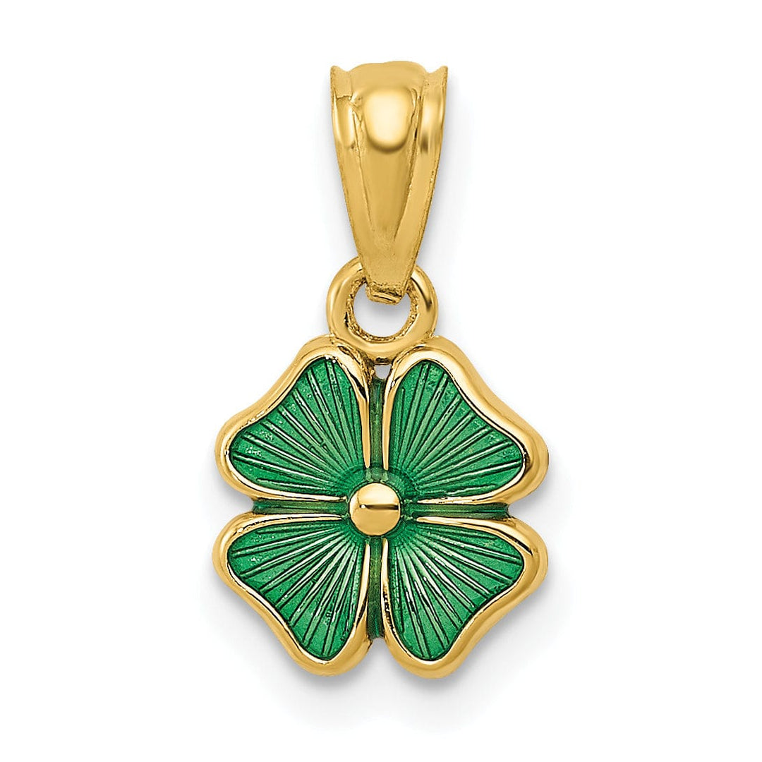14k Yellow Gold Solid Textured Polished Green Enameled Finish Four Leaf Clover Charm Pendant