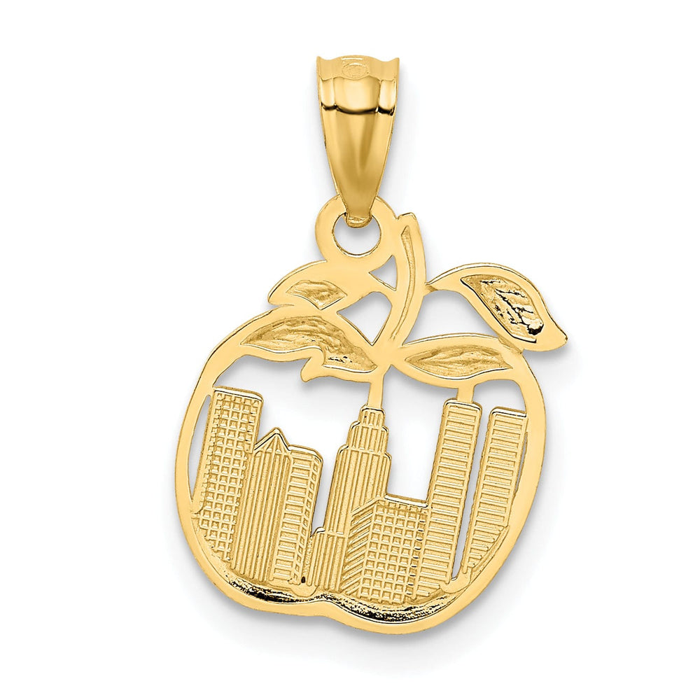 14k Yellow Gold, White Rhodium Solid Polished Textured Finish Cut Out Design New York Skyline in Apple Charm Pendant