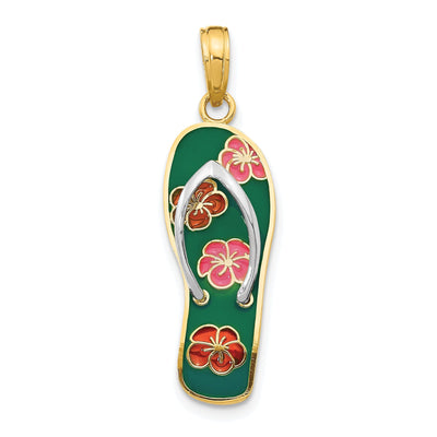 14K Yellow Gold, White Rhodium Solid RED, Green, Pink Enameled Finish with Flowers Design Flip Flop Sandle Charm Pendant